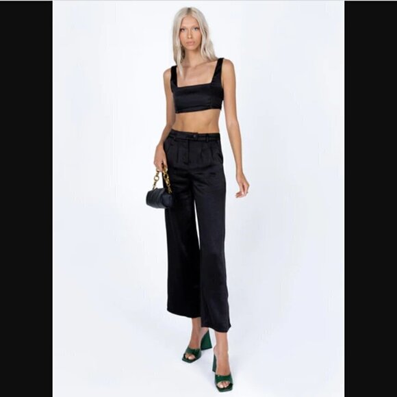 Princess Polly Huxley Black Satin Pants + Crop Top 2 pc Co-ord Set 8 - Picture 2 of 14